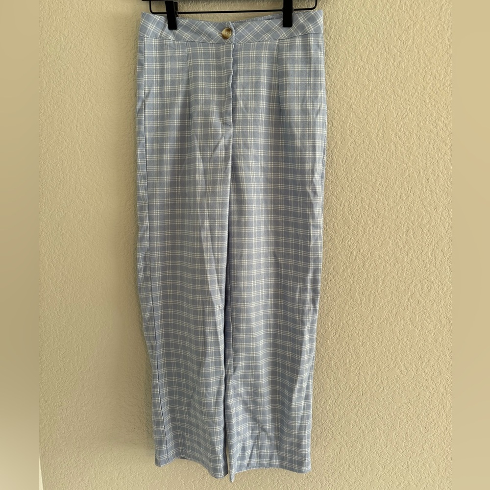 SHEIN size 4 blue and white plaid trouser‎ pant straight leg coquette spring